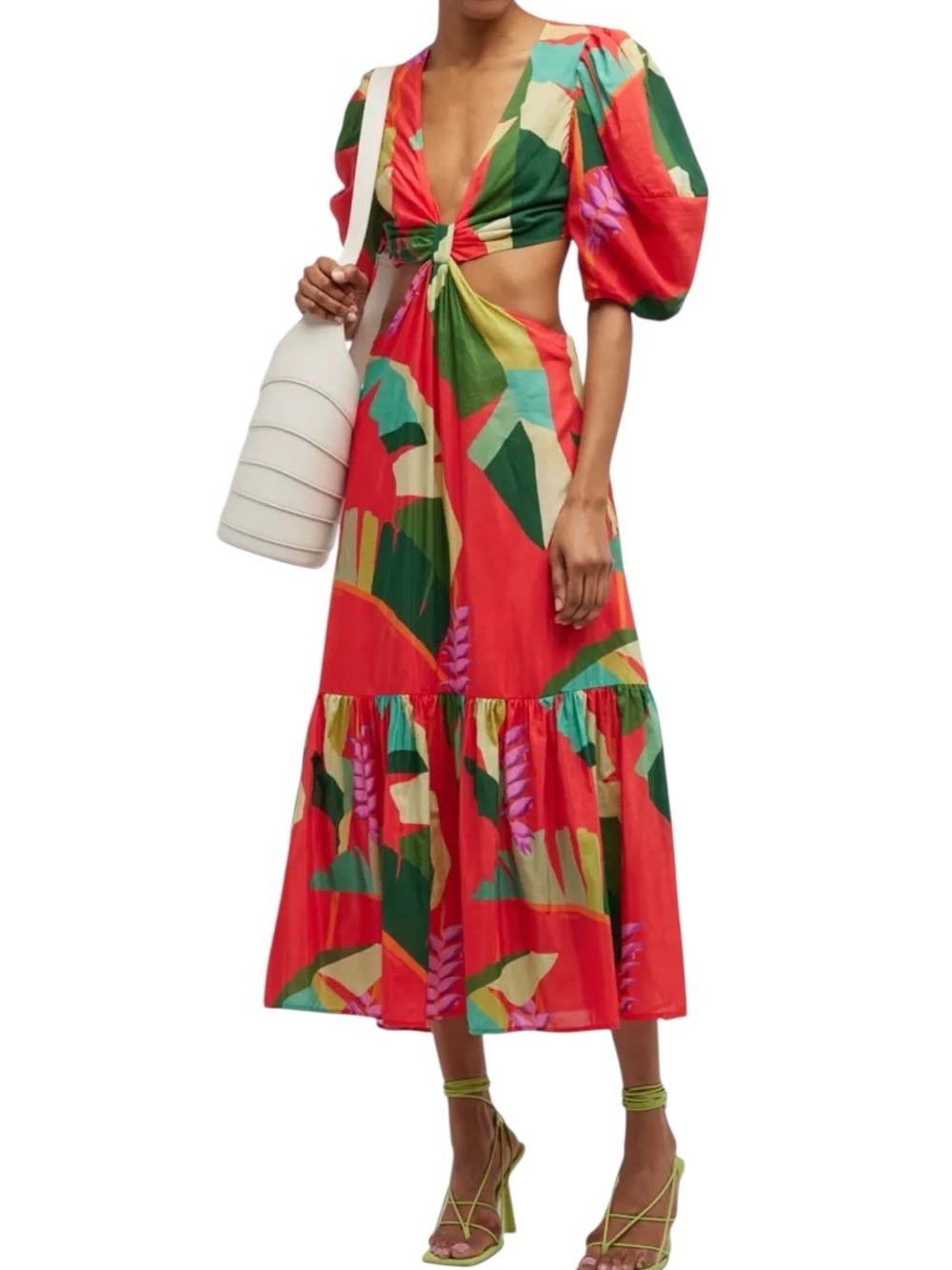 NWT FARM Rio Heliconia Puff Sleeve Cutout Midi Dress